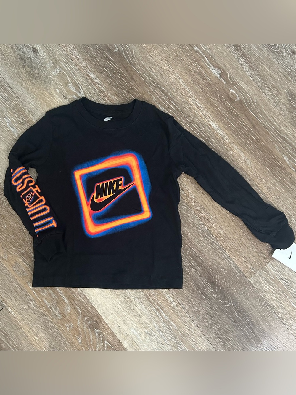 NEW Nike Black Long-Sleeve Tee with Neon Orange & Blue Logo